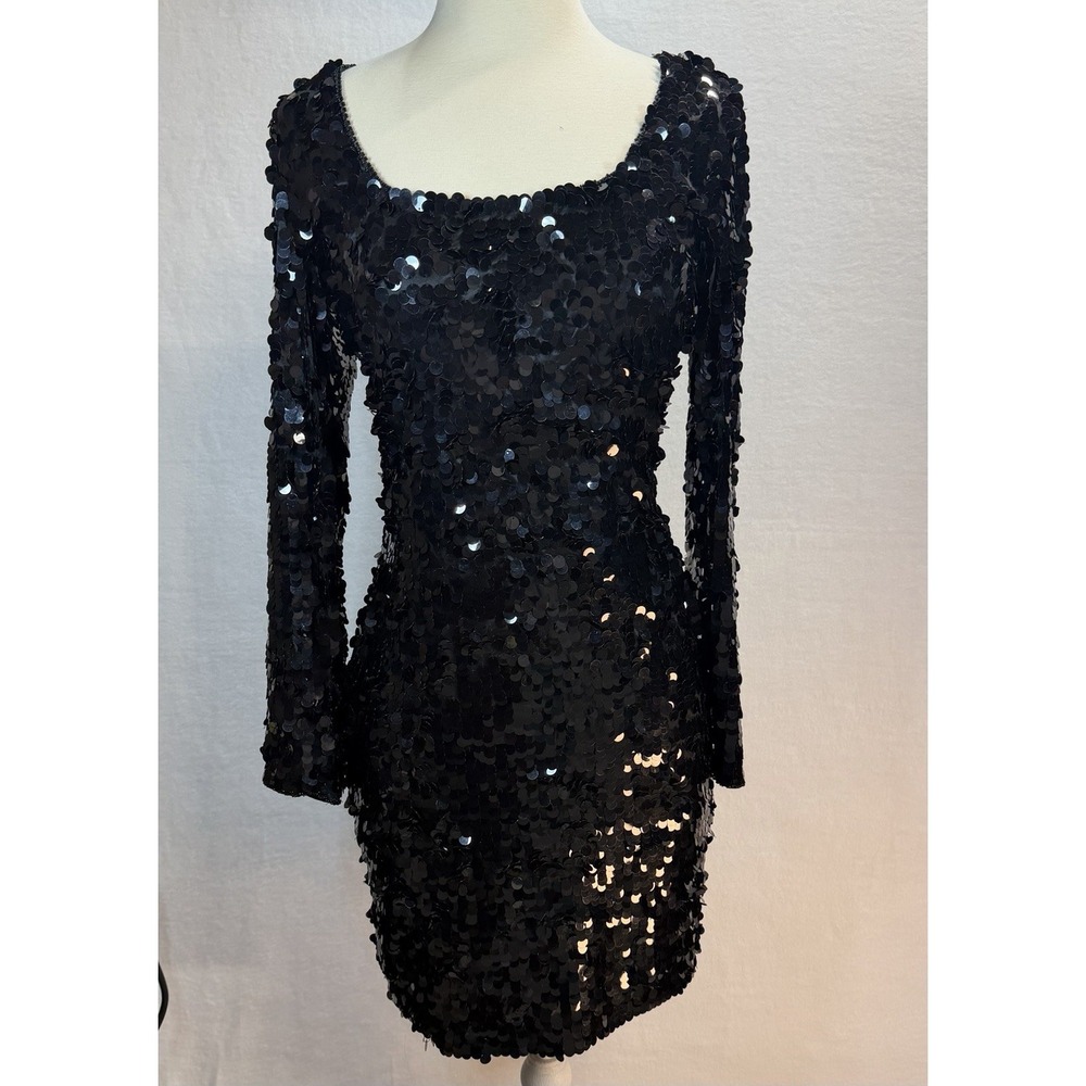 Vintage HENRRY BENDEL Black Long Sleeve Sequined Mini Dress Size 6